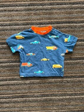 Hatley Baby Boy Blue Truck & Car Print Tee with Orange Neck